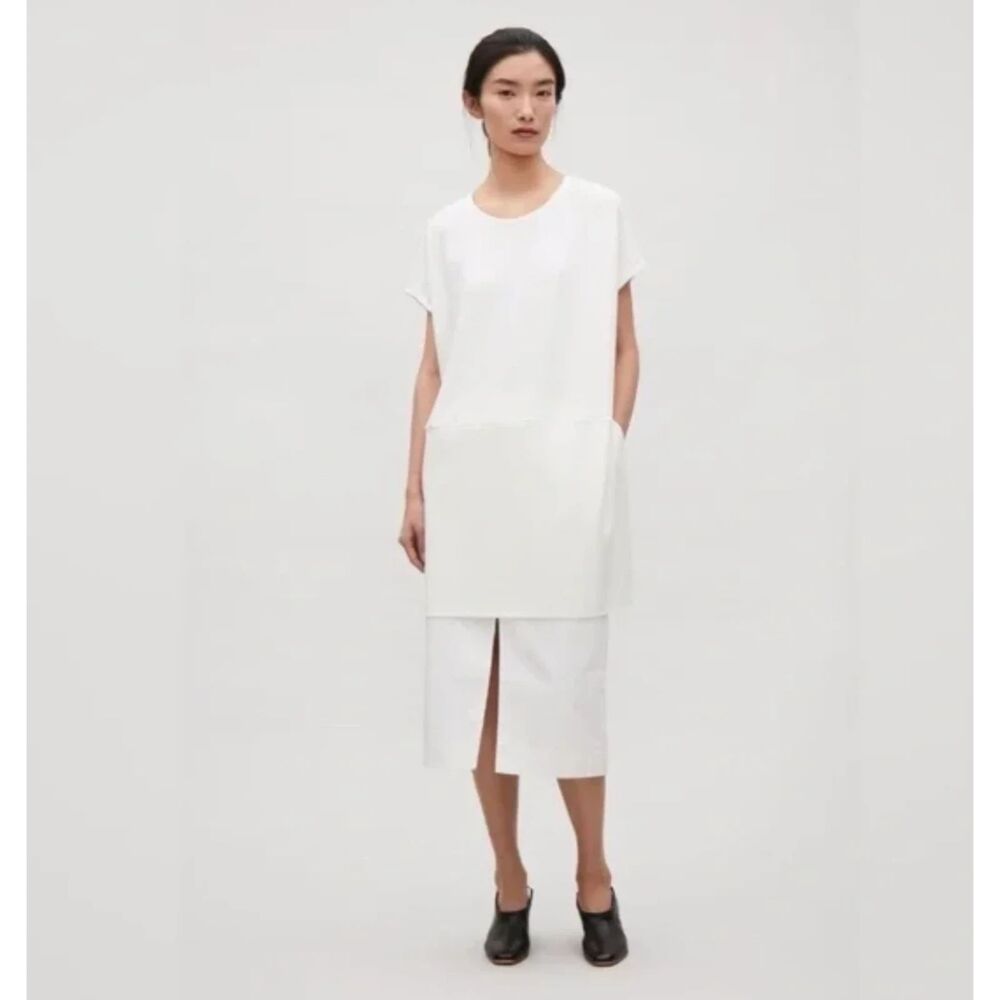 COS Womens Large White Oversized Square Cut Side Slit Sleeveless Jersey Tunic